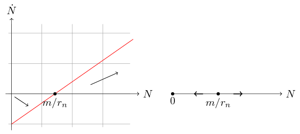 Zależność $(N,\dot{N})$ w przestrzeni  $(\mathbb{R}^{+})^{2}$, gdzie $\mathbb{R}^{+}$ oznacza liczby rzeczywiste nieujemne (po lewej) oraz odpowiadający tej zależności portret fazowy (po prawej).