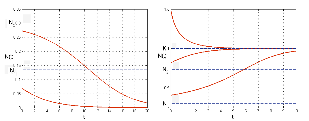 Przykładowe wykresy rozwiązań równania~\eqref{Allee} dla różnych wartości  początkowych $N_{0}$.