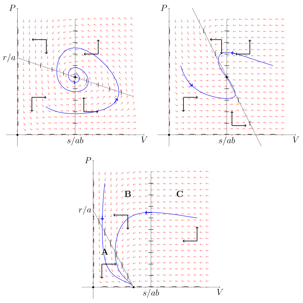 Portret fazowy układu~\eqref{LV-poj} wraz z przykładowymi krzywymi fazowymi w przypadku gdy istnieje dodatni punkt stacjonarny (wykresy u góry) oraz w przypadku gdy dodatni punkt stacjonarny nie istnieje (wykres u dołu).