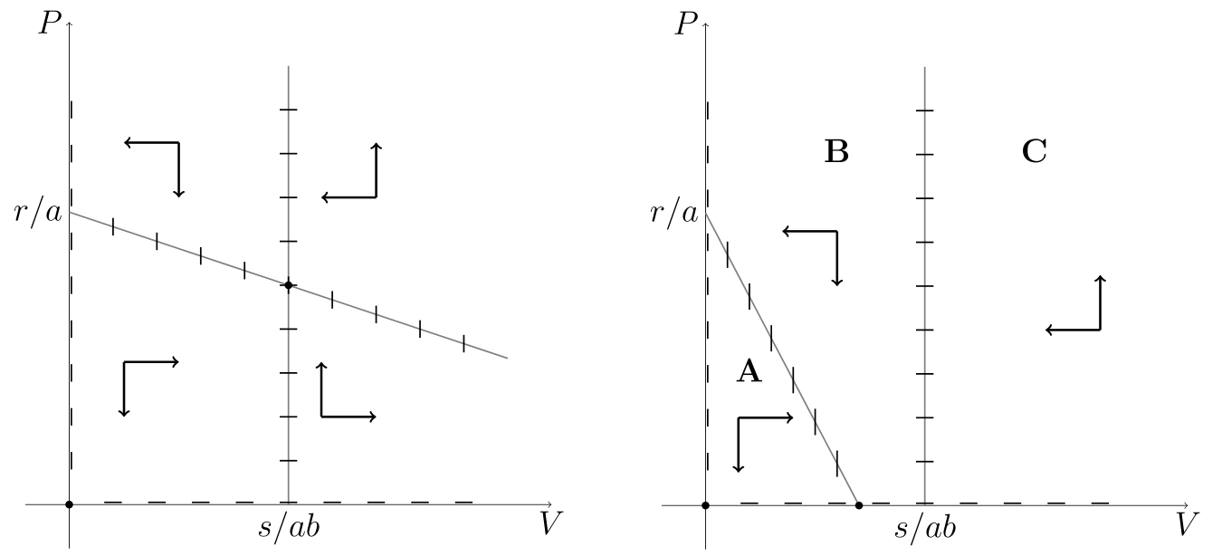 Szkice portretu fazowego układu~\eqref{LV-poj}  z zaznaczonymi izoklinami zerowymi i kierunkami przebiegu poszczególnych zmiennych w przypadku gdy istnieje dodatni punkt stacjonarny (po lewej) oraz w przypadku gdy dodatni punkt stacjonarny nie istnieje (po prawej).