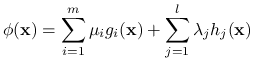 \phi(\mathbf{x})=\sum _{{i=1}}^{m}\mu _{i}g_{i}(\mathbf{x})+\sum _{{j=1}}^{l}\lambda _{j}h_{j}(\mathbf{x})