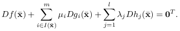 Df({\bar{\mathbf{x}}})+\sum _{{i\in I({\bar{\mathbf{x}}})}}^{m}\mu _{i}Dg_{i}({\bar{\mathbf{x}}})+\sum _{{j=1}}^{l}\lambda _{j}Dh_{j}({\bar{\mathbf{x}}})=\mathbf{0}^{T}.
