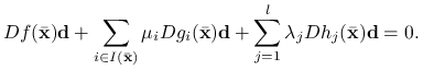Df({\bar{\mathbf{x}}})\mathbf{d}+\sum _{{i\in I({\bar{\mathbf{x}}})}}\mu _{i}Dg_{i}({\bar{\mathbf{x}}})\mathbf{d}+\sum _{{j=1}}^{l}\lambda _{j}Dh_{j}({\bar{\mathbf{x}}})\mathbf{d}=0.