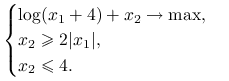 \begin{cases}\log(x_{1}+4)+x_{2}\to\max,&\\
x_{2}\ge 2|x_{1}|,&\\
x_{2}\le 4.&\end{cases}