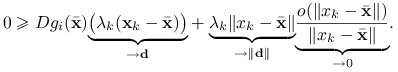 0\ge Dg_{i}({\bar{\mathbf{x}}})\underset{\to\mathbf{d}}{\underbrace{\big(\lambda _{k}(\mathbf{x}_{k}-{\bar{\mathbf{x}}})\big)}}+\underset{\to\|\mathbf{d}\|}{\underbrace{\lambda _{k}\| x_{k}-{\bar{\mathbf{x}}}\|}}\underset{\to 0}{\underbrace{\frac{o(\| x_{k}-{\bar{\mathbf{x}}}\|)}{\| x_{k}-{\bar{\mathbf{x}}}\|}}}.